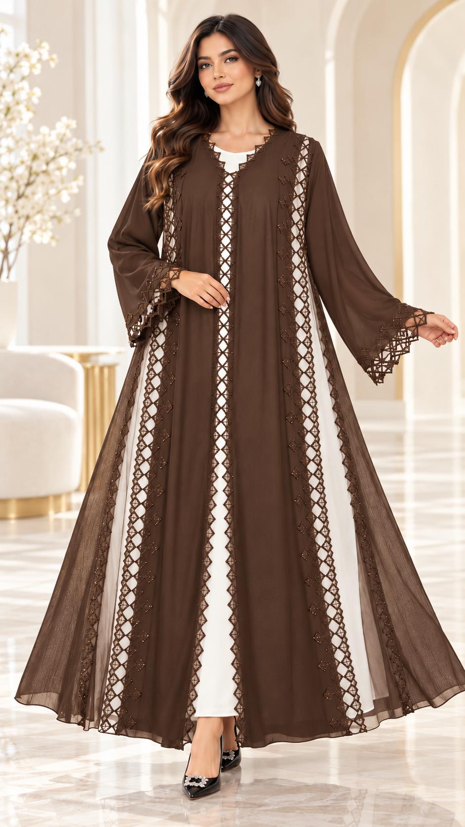 Lattice Lace Sheer-Panel Open Abaya - AF1054 - Brown - View 7