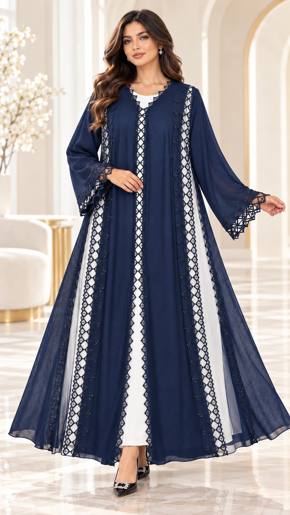 Lattice Lace Sheer-Panel Open Abaya - AF1054 - Navy Blue - View 8