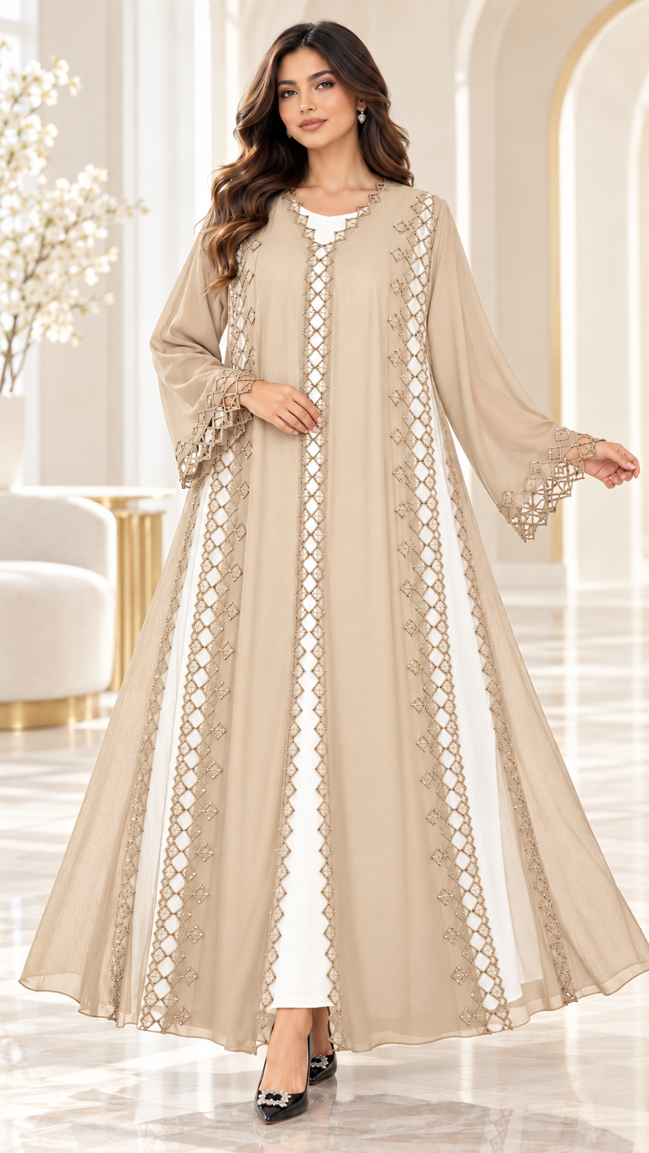 Lattice Lace Sheer-Panel Open Abaya - AF1054 - Beige - View 9