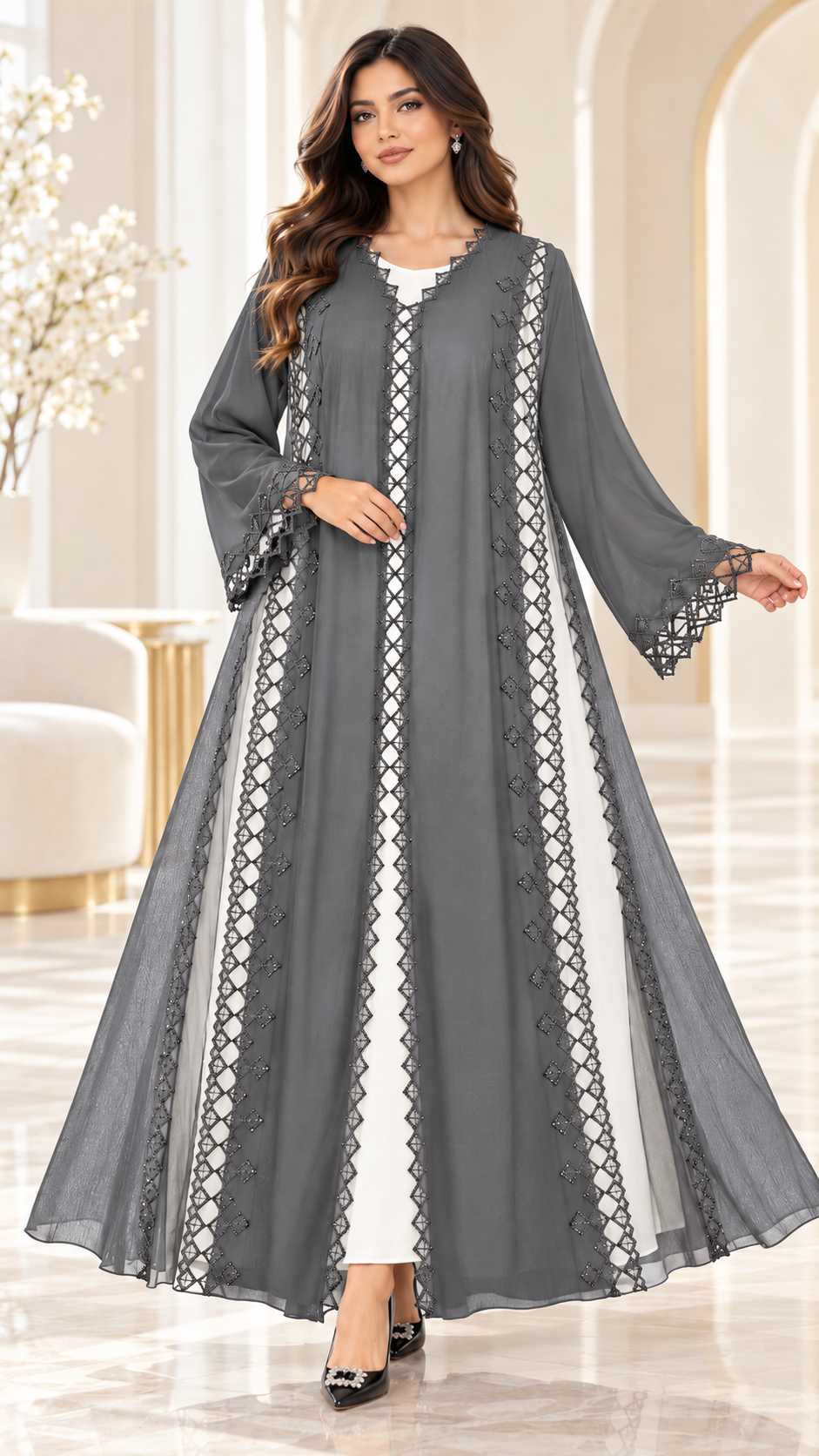 Lattice Lace Sheer-Panel Open Abaya - AF1054 - Grey - View 10