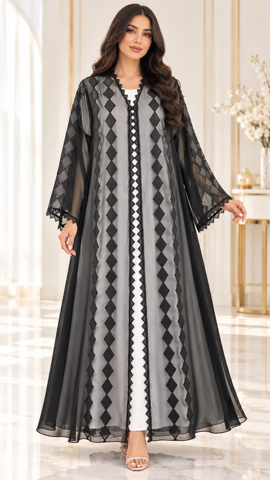 Satin Diamond Laser-Cut Sheer Open Abaya - AF1055 - Black - View 1