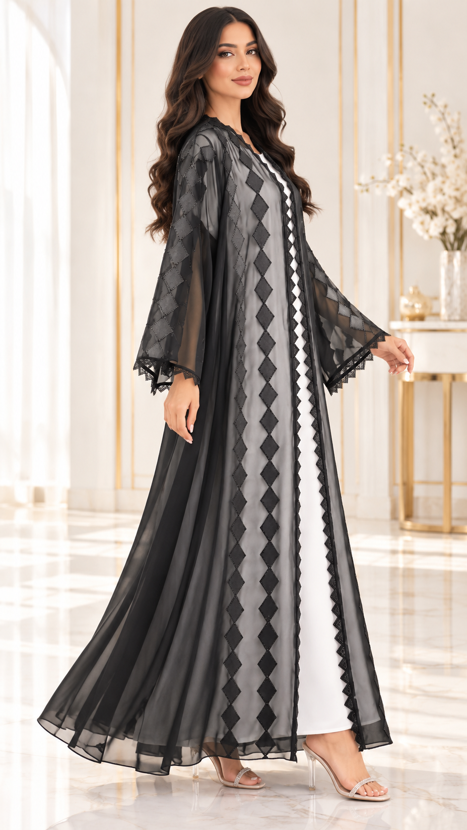Satin Diamond Laser-Cut Sheer Open Abaya - AF1055 - Black - View 2