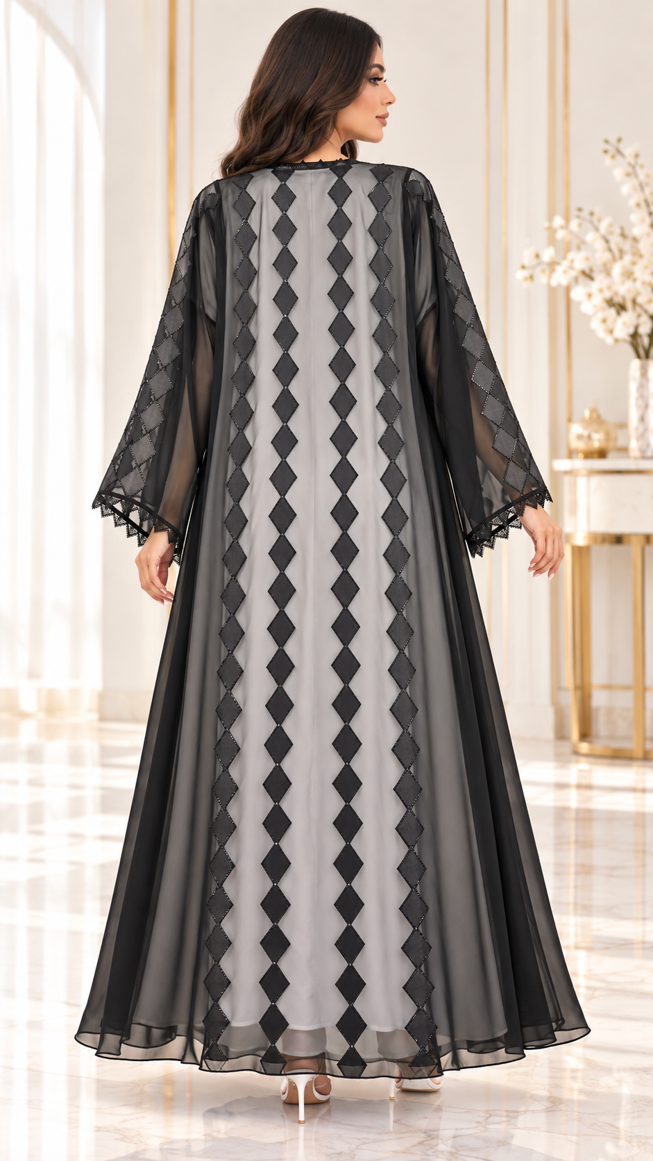 Satin Diamond Laser-Cut Sheer Open Abaya - AF1055 - Black - View 3