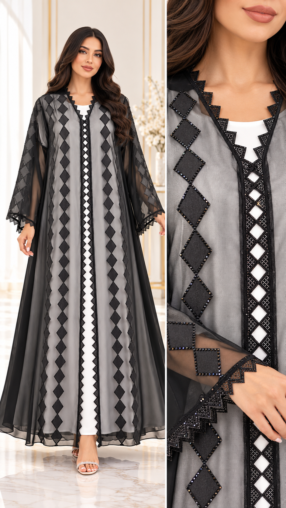 Satin Diamond Laser-Cut Sheer Open Abaya - AF1055 - Black - View 4
