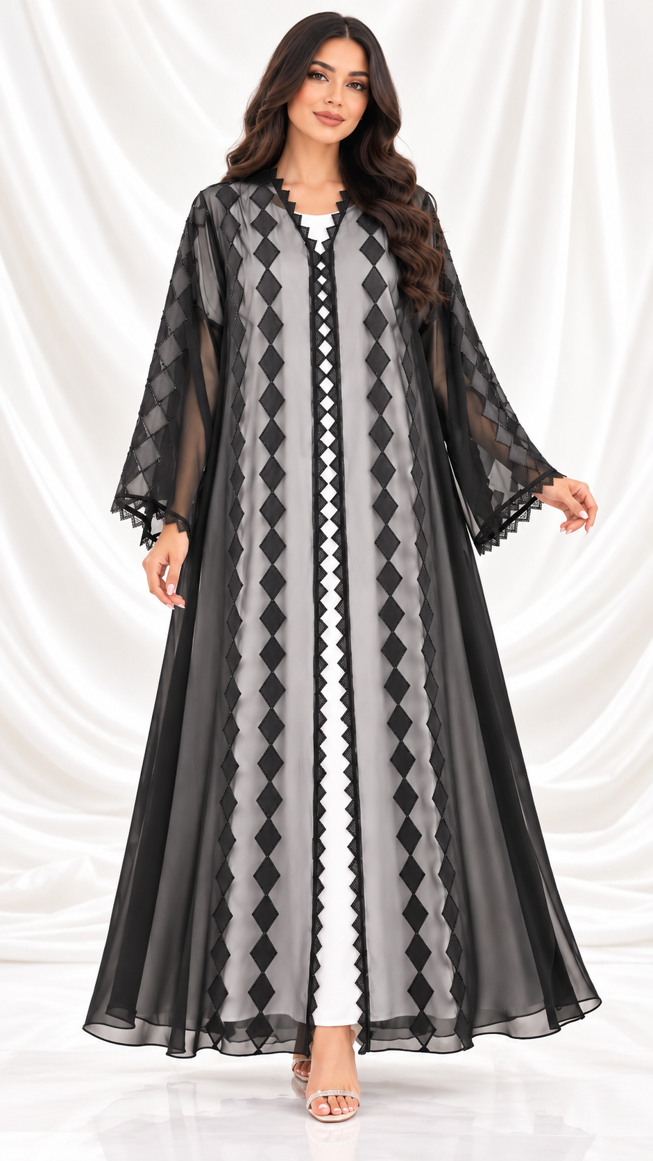 Satin Diamond Laser-Cut Sheer Open Abaya - AF1055 - Black - View 5