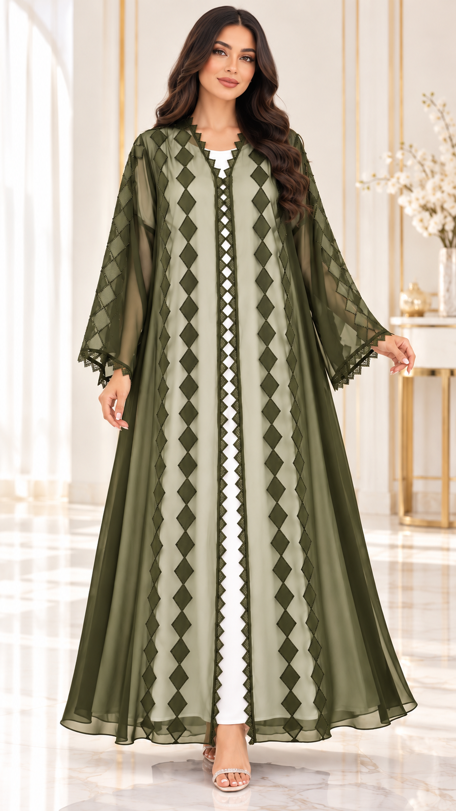 Satin Diamond Laser-Cut Sheer Open Abaya - AF1055 - Olive Green - View 6