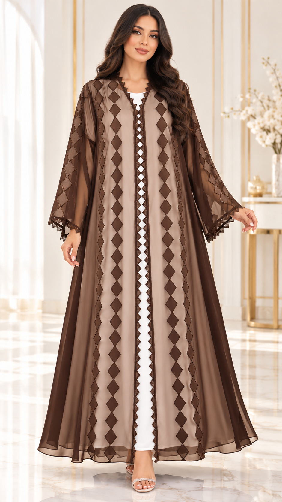 Satin Diamond Laser-Cut Sheer Open Abaya - AF1055 - Brown - View 7