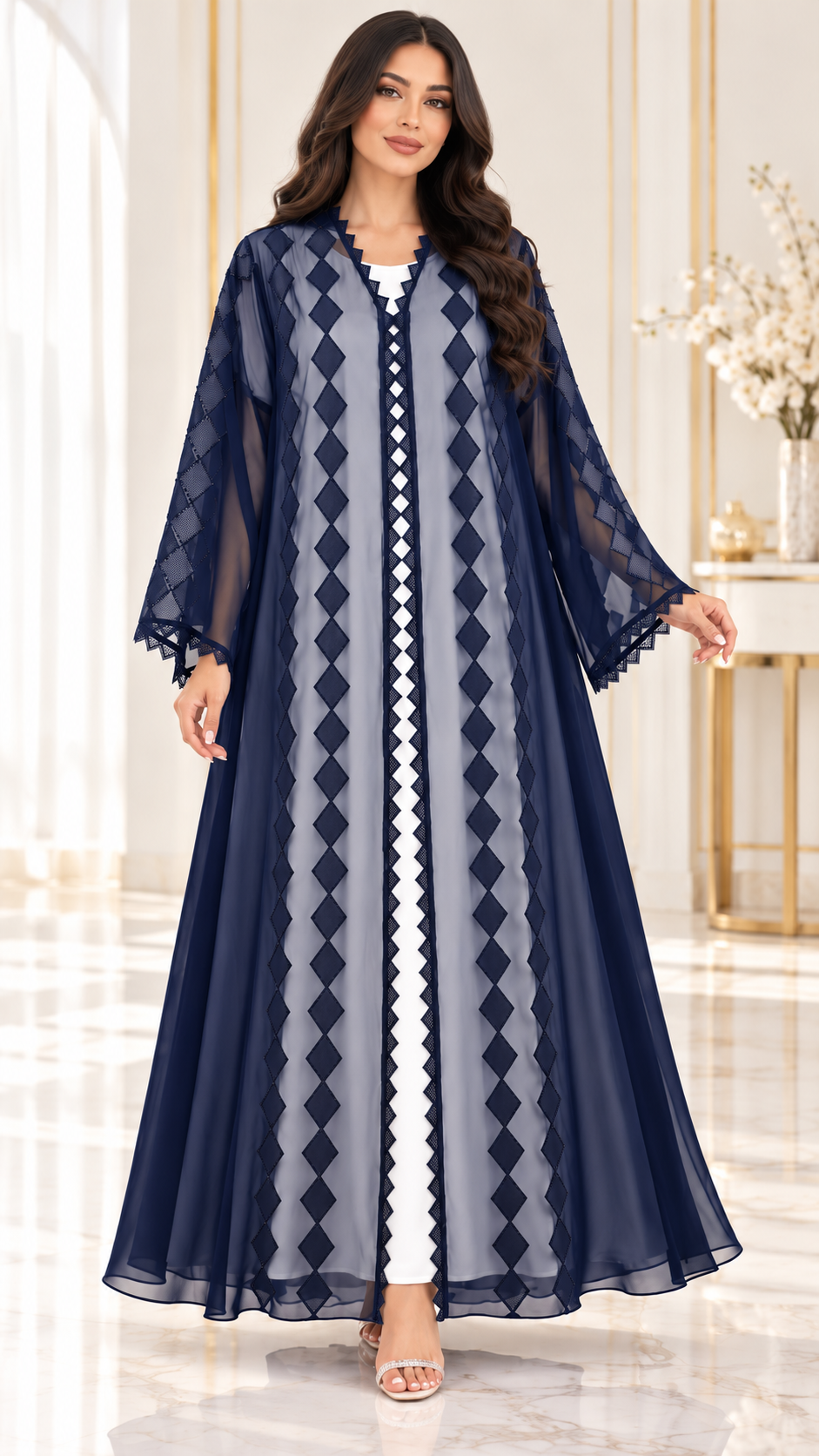 Satin Diamond Laser-Cut Sheer Open Abaya - AF1055 - Navy Blue - View 8
