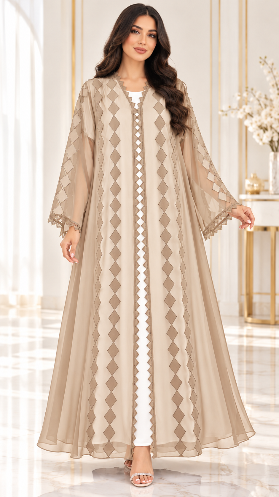 Satin Diamond Laser-Cut Sheer Open Abaya - AF1055 - Beige - View 9
