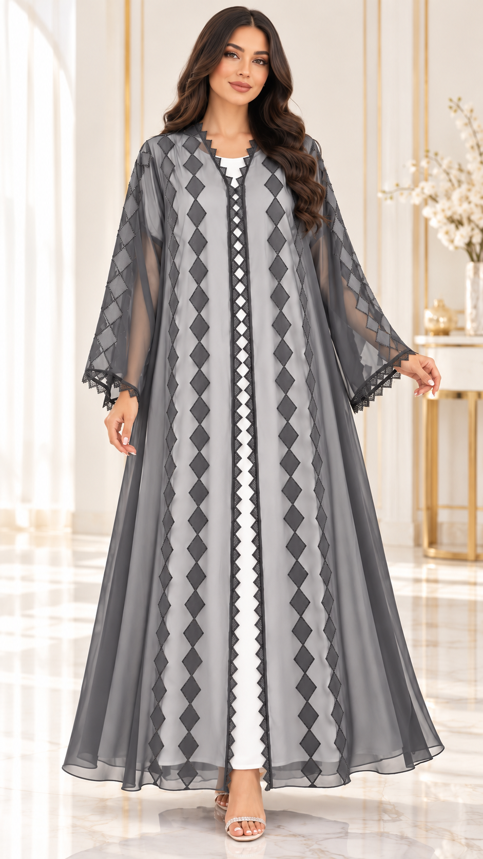 Satin Diamond Laser-Cut Sheer Open Abaya - AF1055 - Grey - View 10
