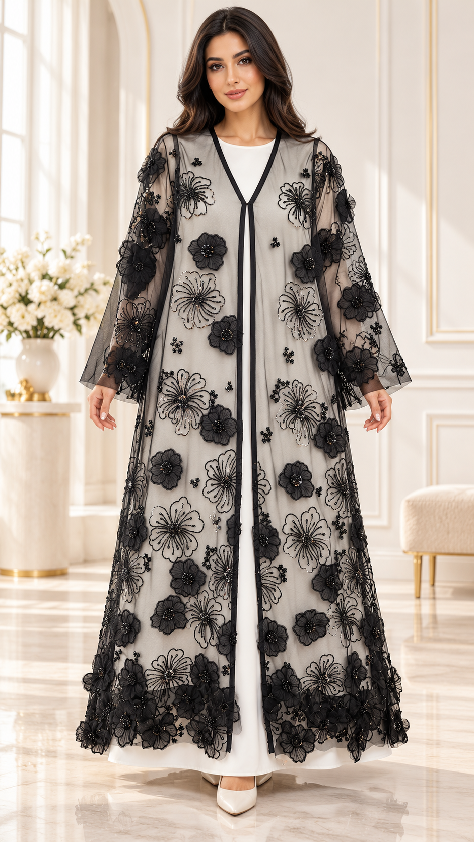 Organza Floral Beaded Sheer Black Open Abaya - AF1056 - Black - View 1
