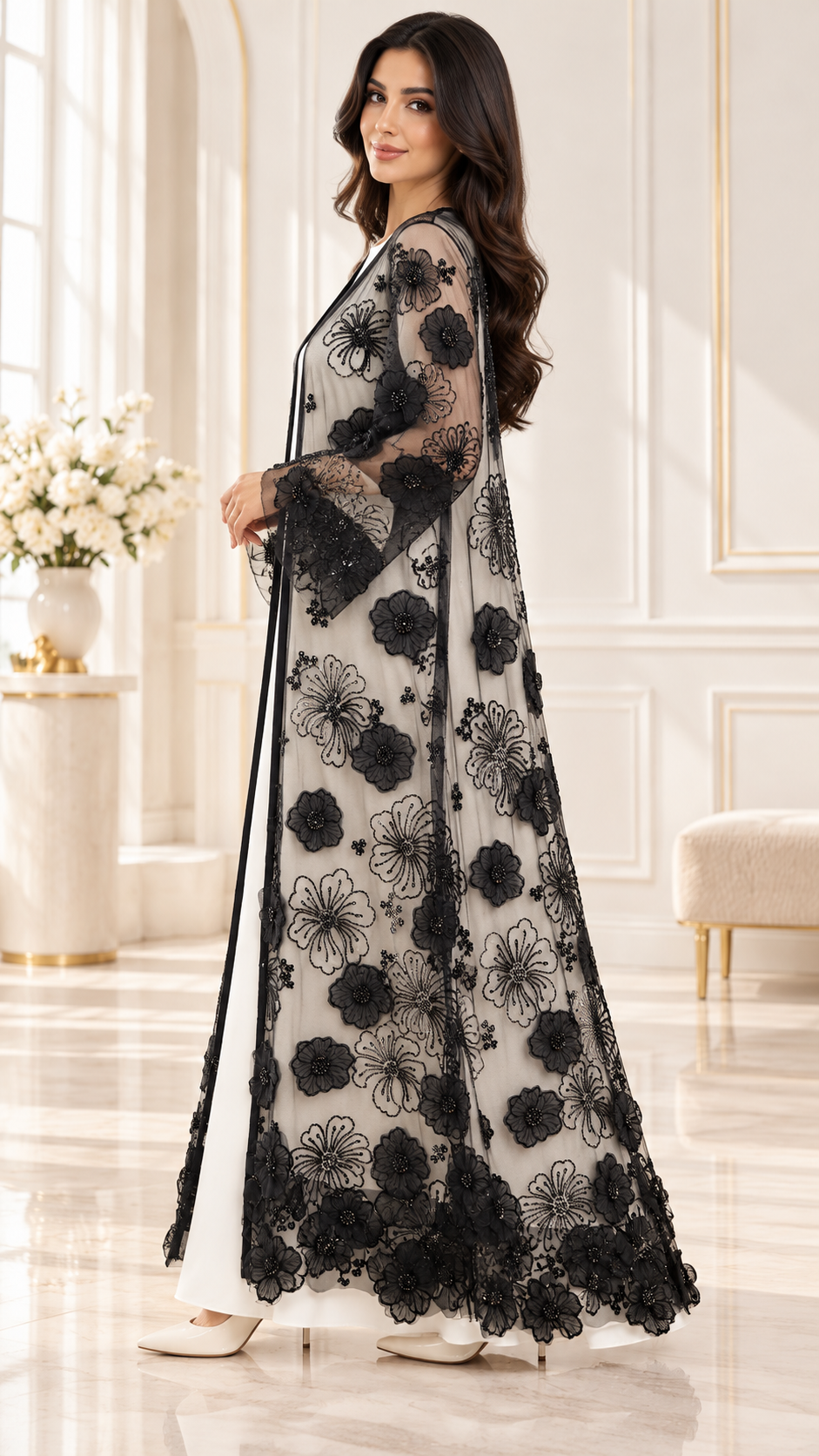 Organza Floral Beaded Sheer Black Open Abaya - AF1056 - Black - View 2