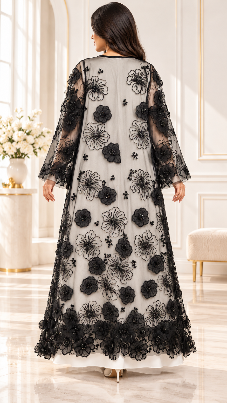 Organza Floral Beaded Sheer Black Open Abaya - AF1056 - Black - View 3