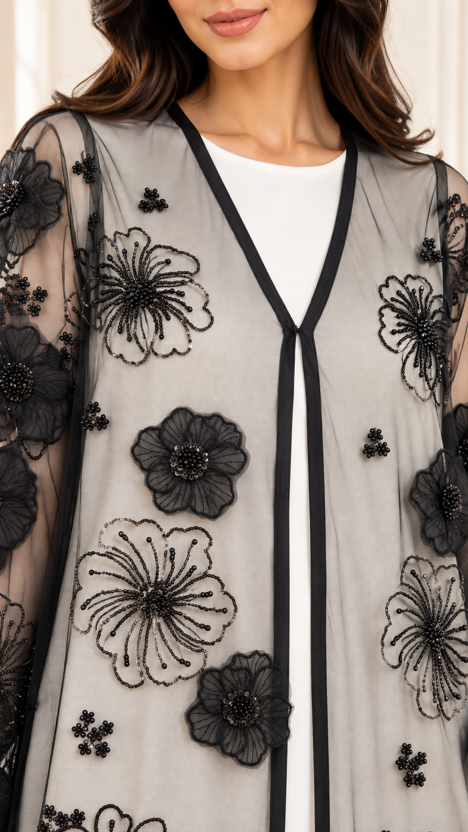 Organza Floral Beaded Sheer Black Open Abaya - AF1056 - Black - View 4