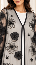 Organza Floral Beaded Sheer Black Open Abaya - AF1056 - Black - View 4