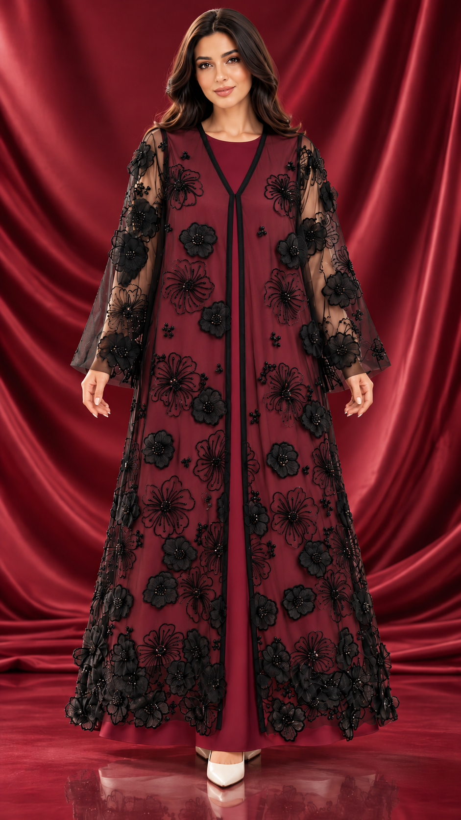 Organza Floral Beaded Sheer Black Open Abaya - AF1056 - Black - View 5