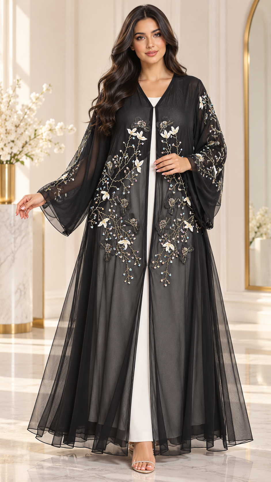 Floral Vine Beaded Shiphon Open Abaya - AF1057 - Black - View 1