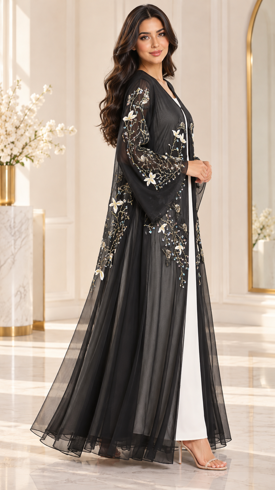 Floral Vine Beaded Shiphon Open Abaya - AF1057 - Black - View 2