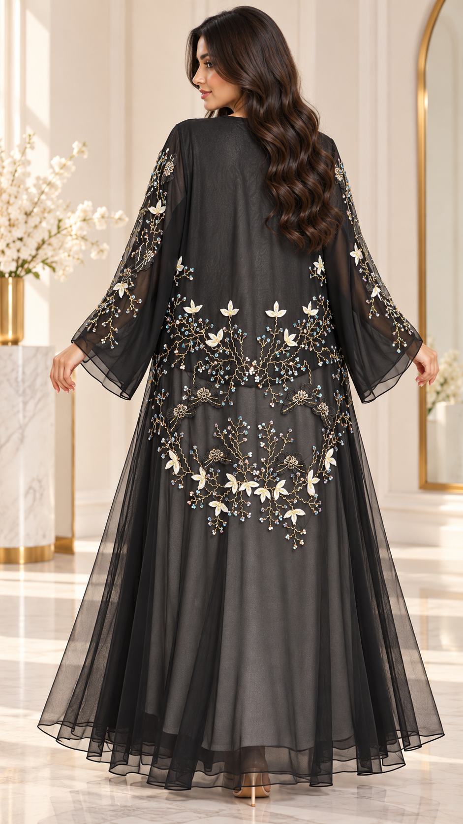 Floral Vine Beaded Shiphon Open Abaya - AF1057 - Black - View 3