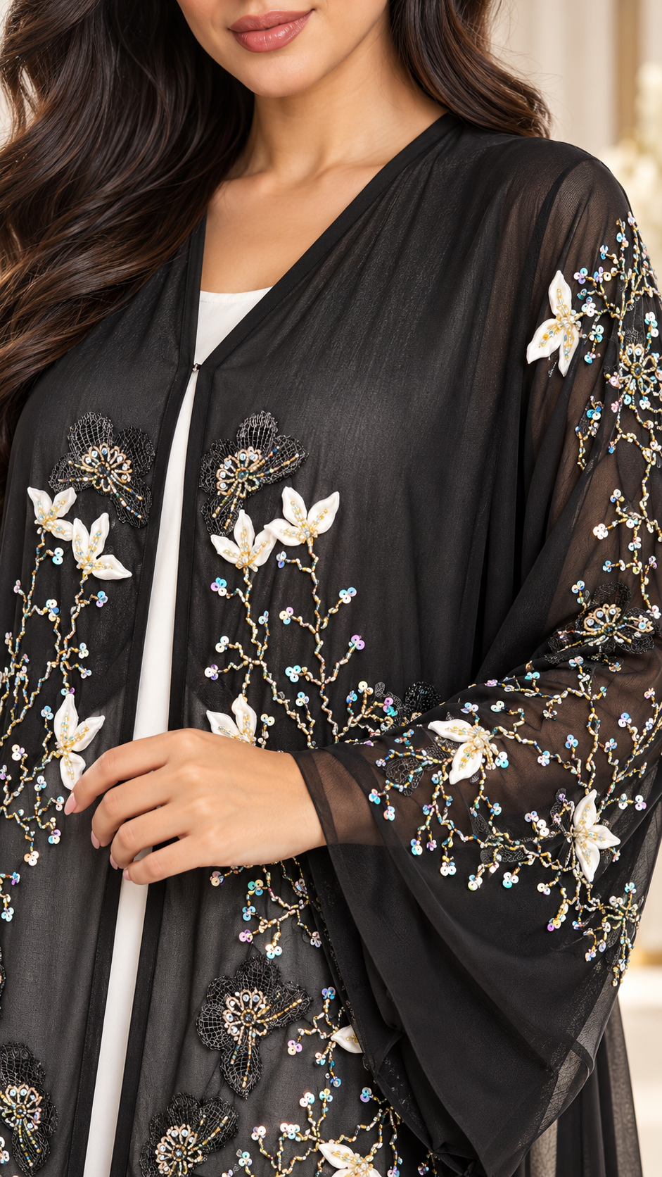 Floral Vine Beaded Shiphon Open Abaya - AF1057 - Black - View 4