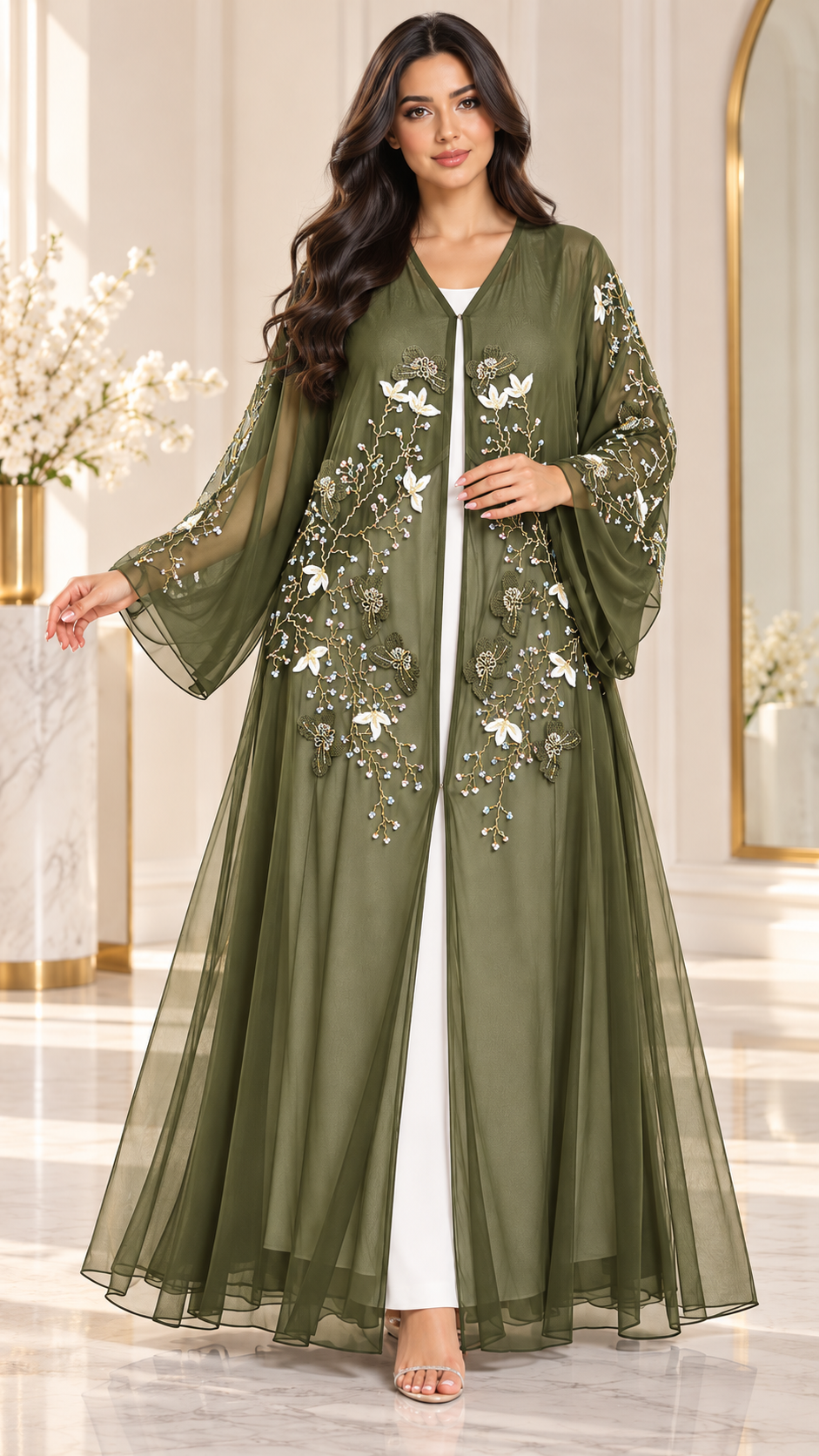 Floral Vine Beaded Shiphon Open Abaya - AF1057 - Olive Green - View 6