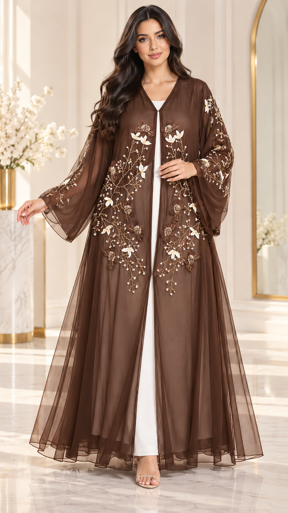 Floral Vine Beaded Shiphon Open Abaya - AF1057 - Brown - View 7