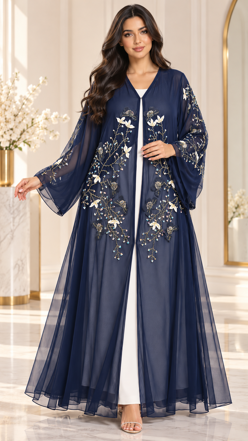 Floral Vine Beaded Shiphon Open Abaya - AF1057 - Navy Blue - View 8