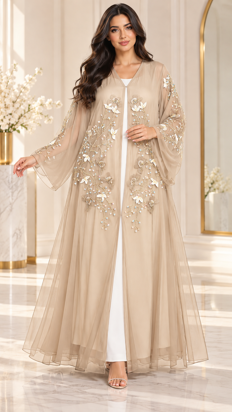 Floral Vine Beaded Shiphon Open Abaya - AF1057 - Beige - View 9