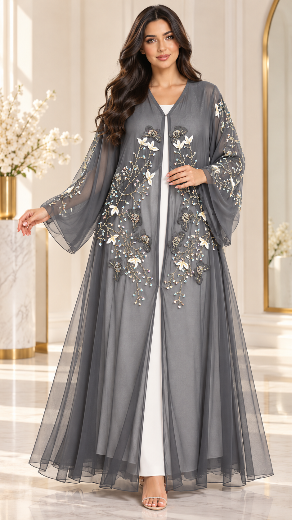 Floral Vine Beaded Shiphon Open Abaya - AF1057 - Grey - View 10
