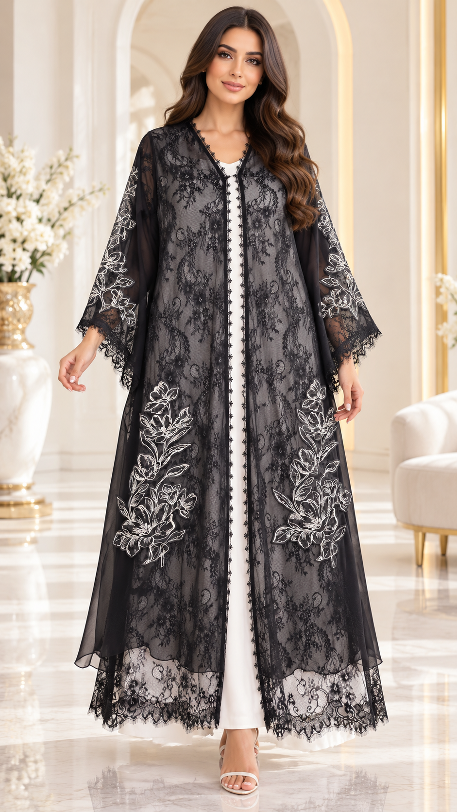 Floral Lace and Leaf Embroidered Open Abaya - AF1058 - Black - View 1