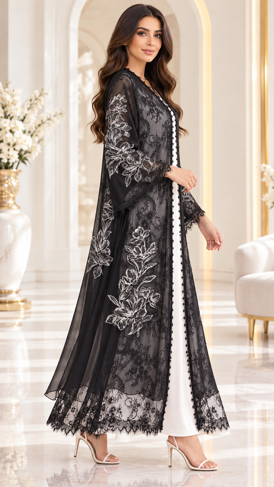 Floral Lace and Leaf Embroidered Open Abaya - AF1058 - Black - View 2