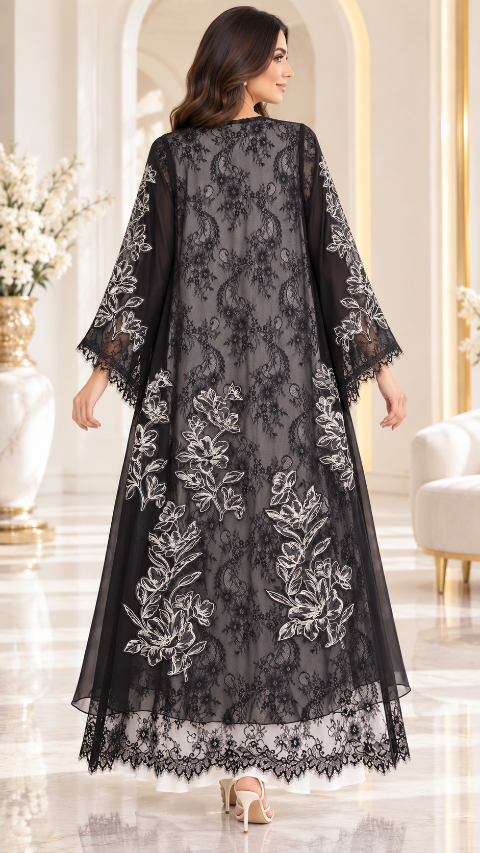 Floral Lace and Leaf Embroidered Open Abaya - AF1058 - Black - View 3