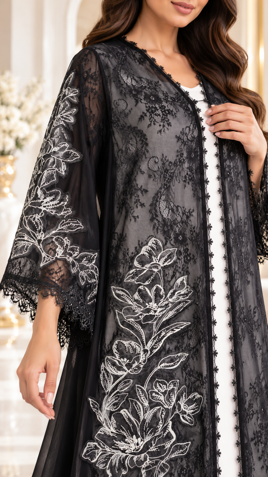 Floral Lace and Leaf Embroidered Open Abaya - AF1058 - Black - View 4