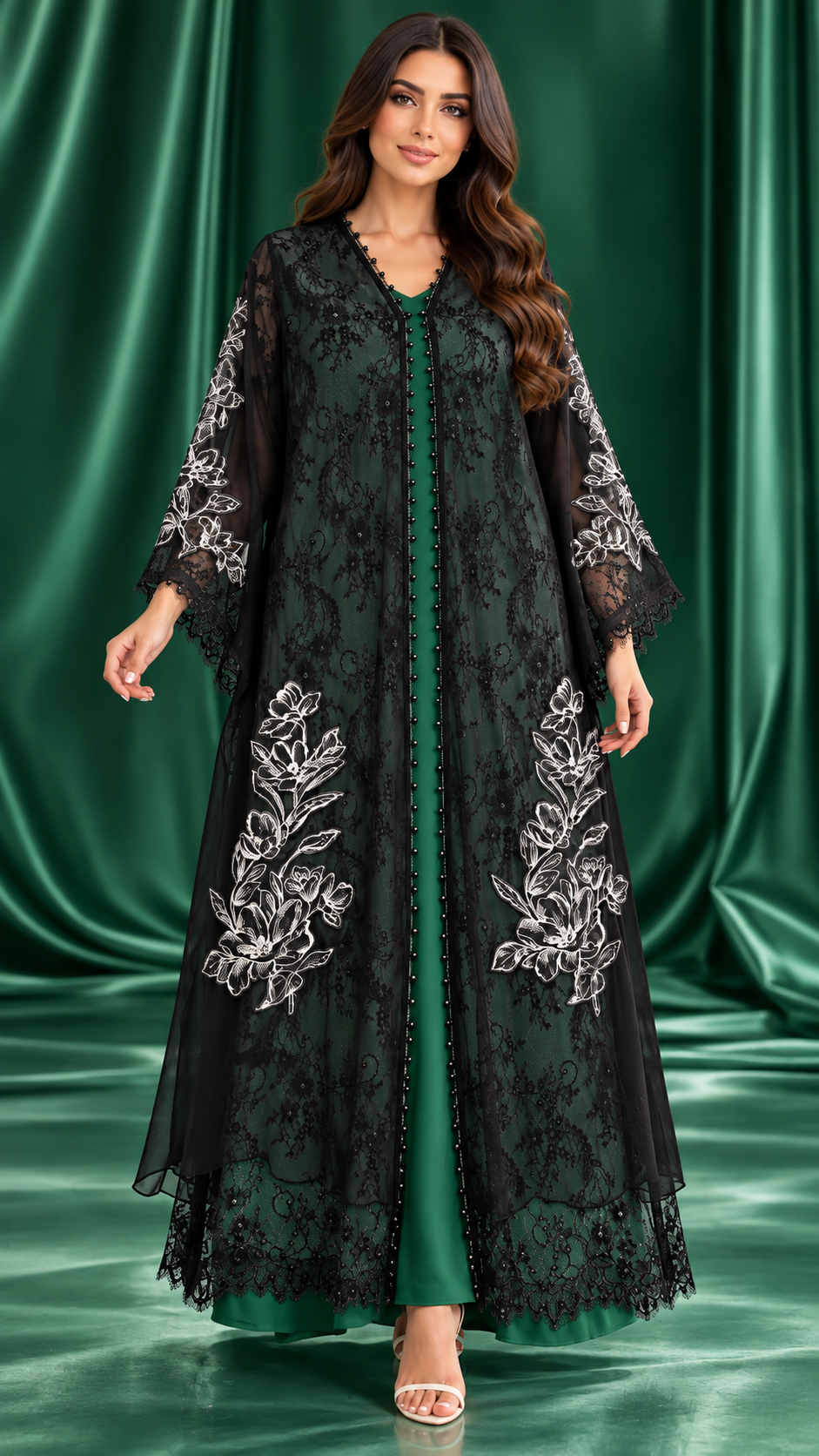 Floral Lace and Leaf Embroidered Open Abaya - AF1058 - Black - View 5