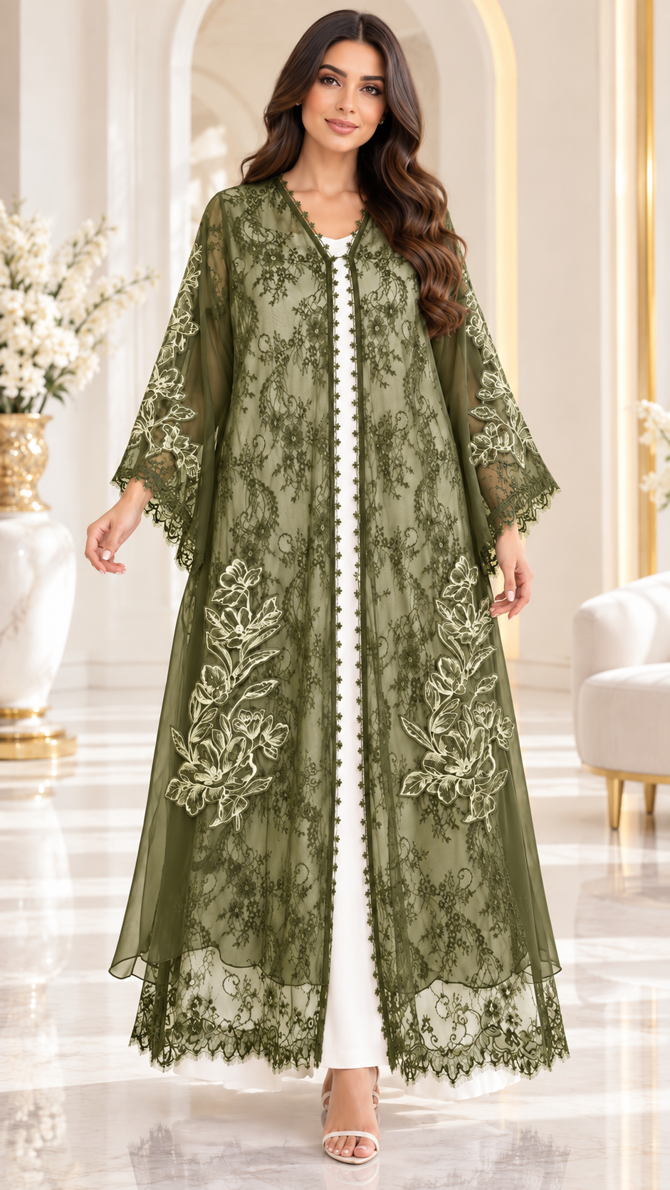Floral Lace and Leaf Embroidered Open Abaya - AF1058 - Olive Green - View 6