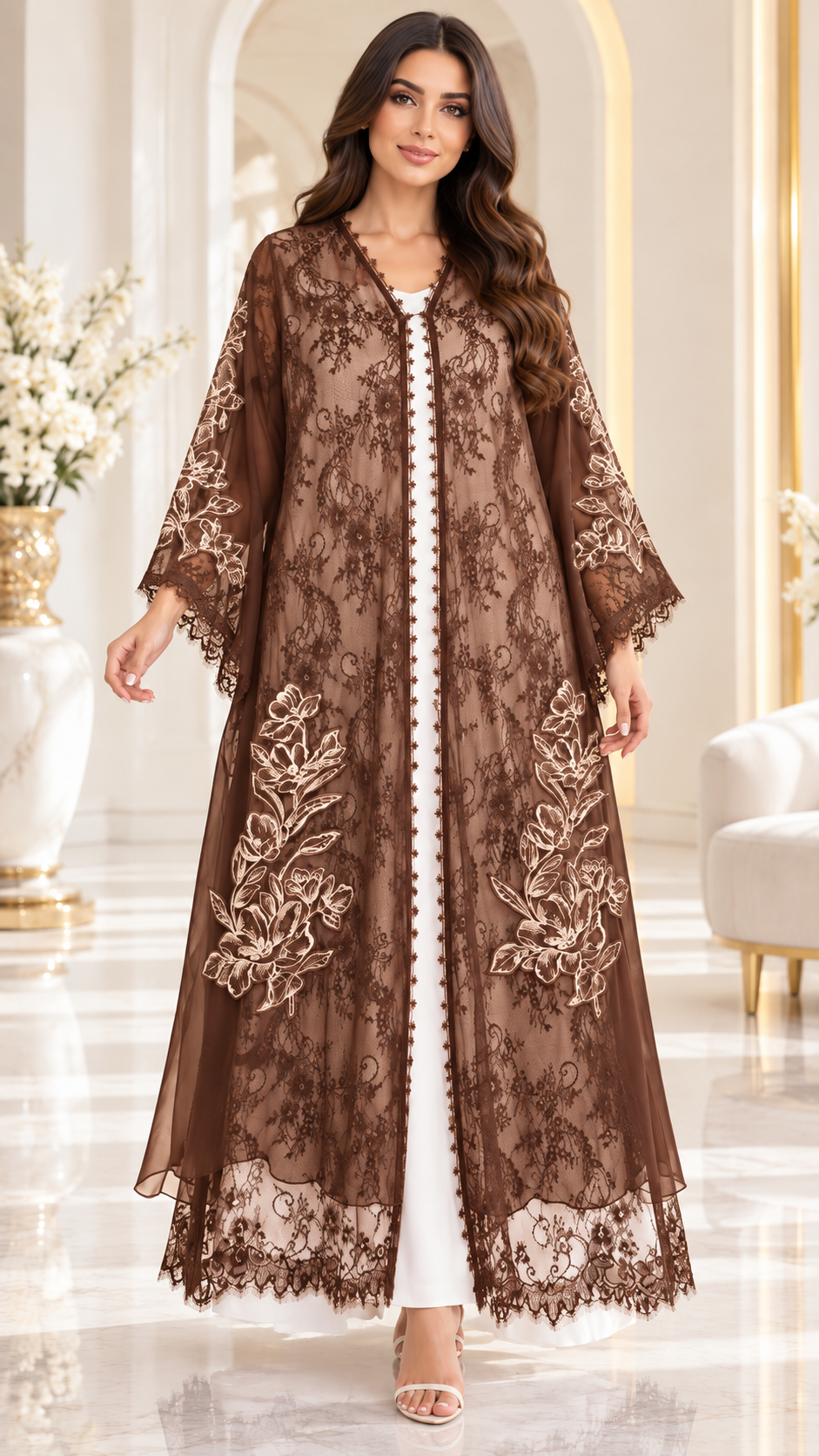 Floral Lace and Leaf Embroidered Open Abaya - AF1058 - Brown - View 7