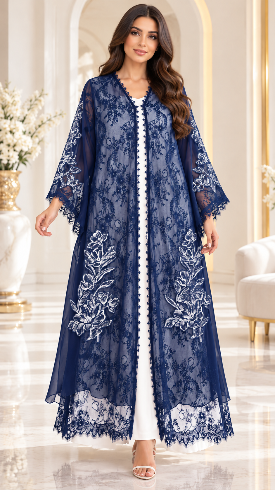 Floral Lace and Leaf Embroidered Open Abaya - AF1058 - Navy Blue - View 8