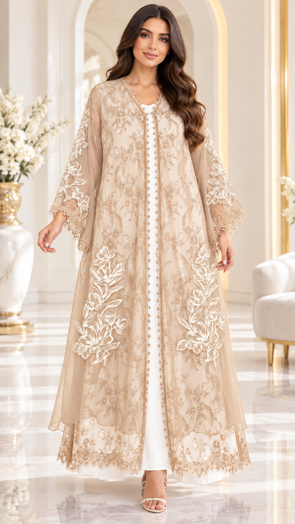 Floral Lace and Leaf Embroidered Open Abaya - AF1058 - Beige - View 9