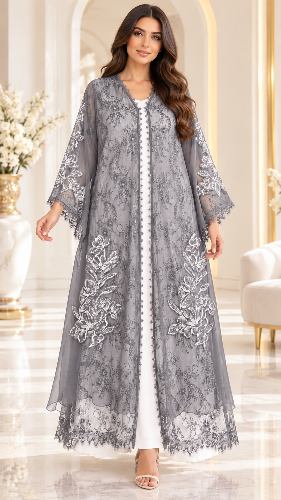 Floral Lace and Leaf Embroidered Open Abaya - AF1058 - Grey - View 10