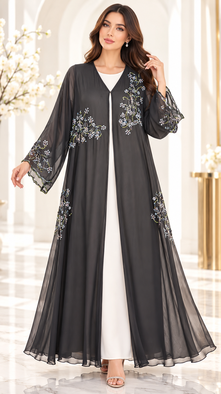 Delicate Floral Beaded Shiphon Open Abaya - AF1059 - Black - View 1