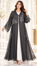 Delicate Floral Beaded Shiphon Open Abaya - AF1059 - Black - View 1