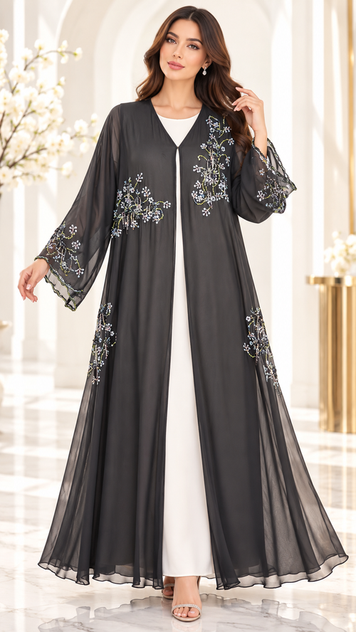 Delicate Floral Beaded Shiphon Open Abaya - AF1059 - Black - View 1
