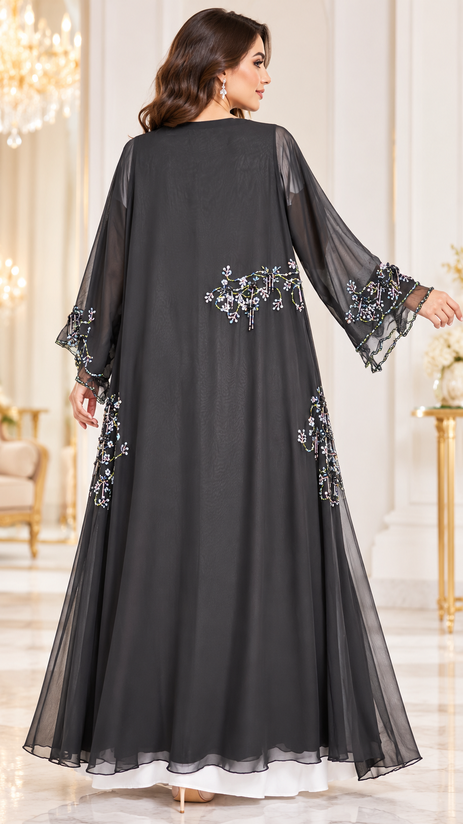 Delicate Floral Beaded Shiphon Open Abaya - AF1059 - Black - View 2