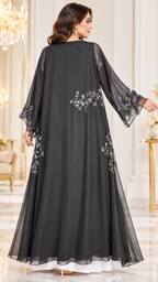Delicate Floral Beaded Shiphon Open Abaya - AF1059 - Black - View 2