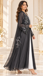 Delicate Floral Beaded Shiphon Open Abaya - AF1059 - Black - View 3