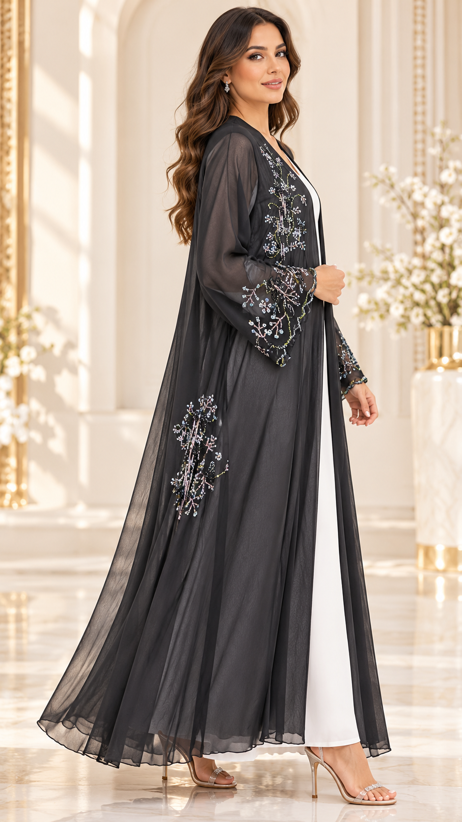 Delicate Floral Beaded Shiphon Open Abaya - AF1059 - Black - View 3
