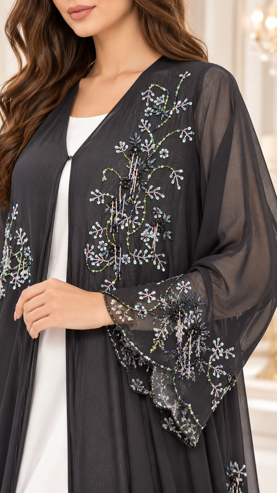 Delicate Floral Beaded Shiphon Open Abaya - AF1059 - Black - View 4