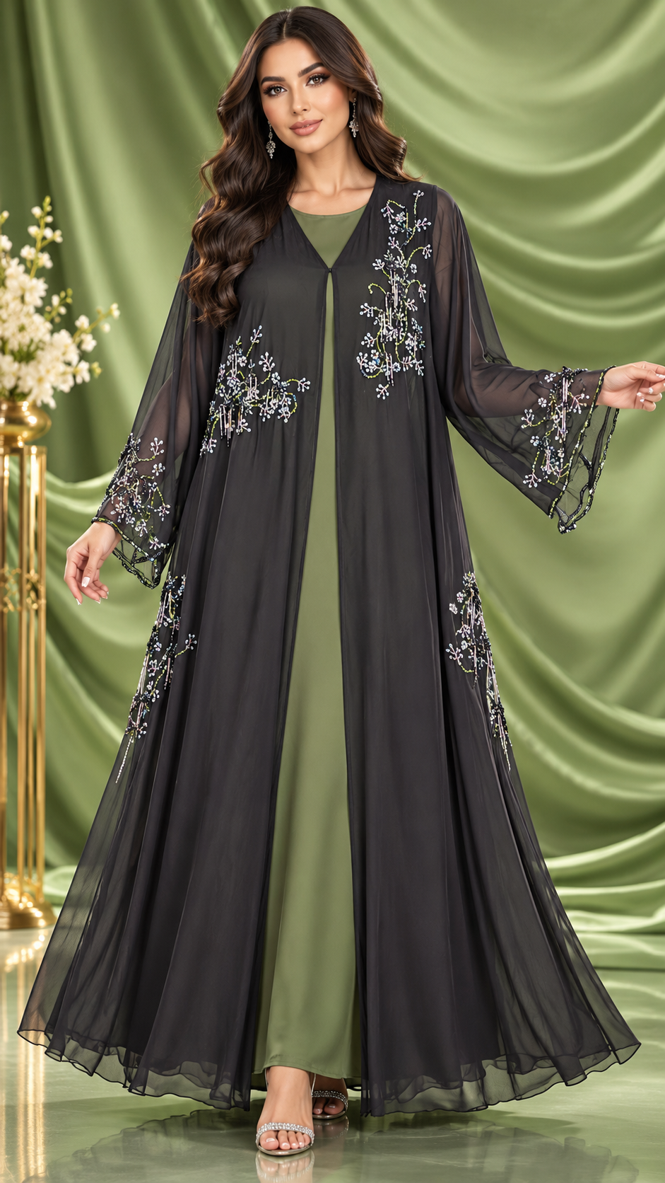 Delicate Floral Beaded Shiphon Open Abaya - AF1059 - Black - View 5