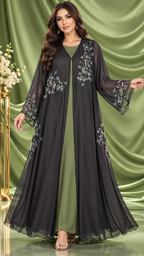 Delicate Floral Beaded Shiphon Open Abaya - AF1059 - Black - View 5
