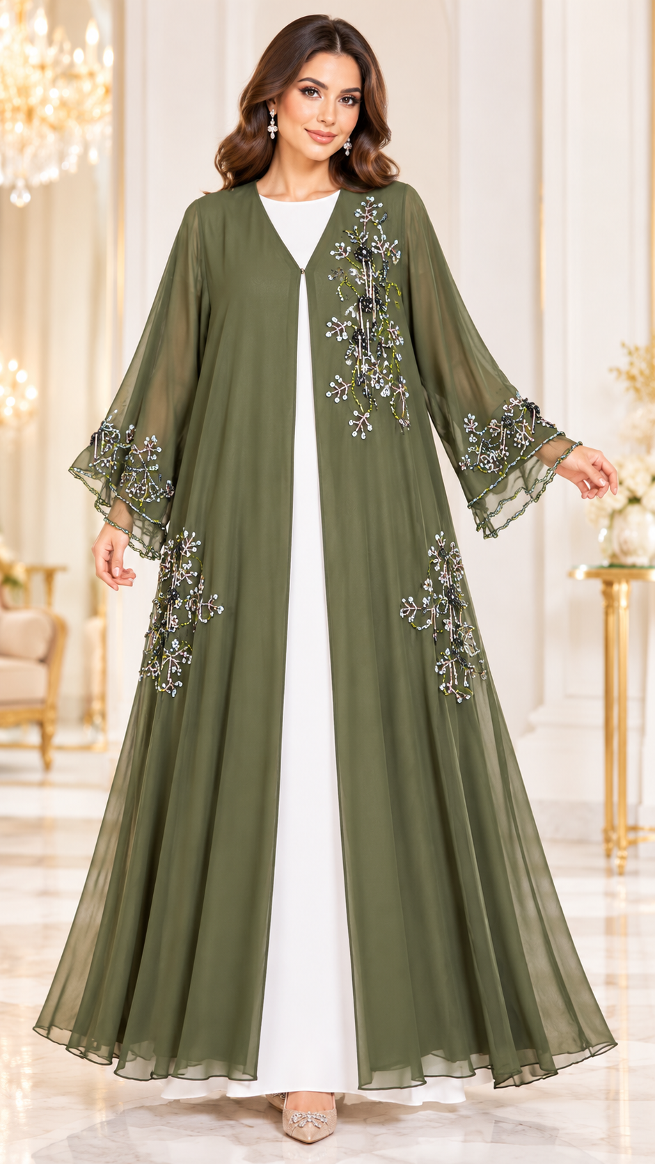 Delicate Floral Beaded Shiphon Open Abaya - AF1059 - Olive Green - View 6